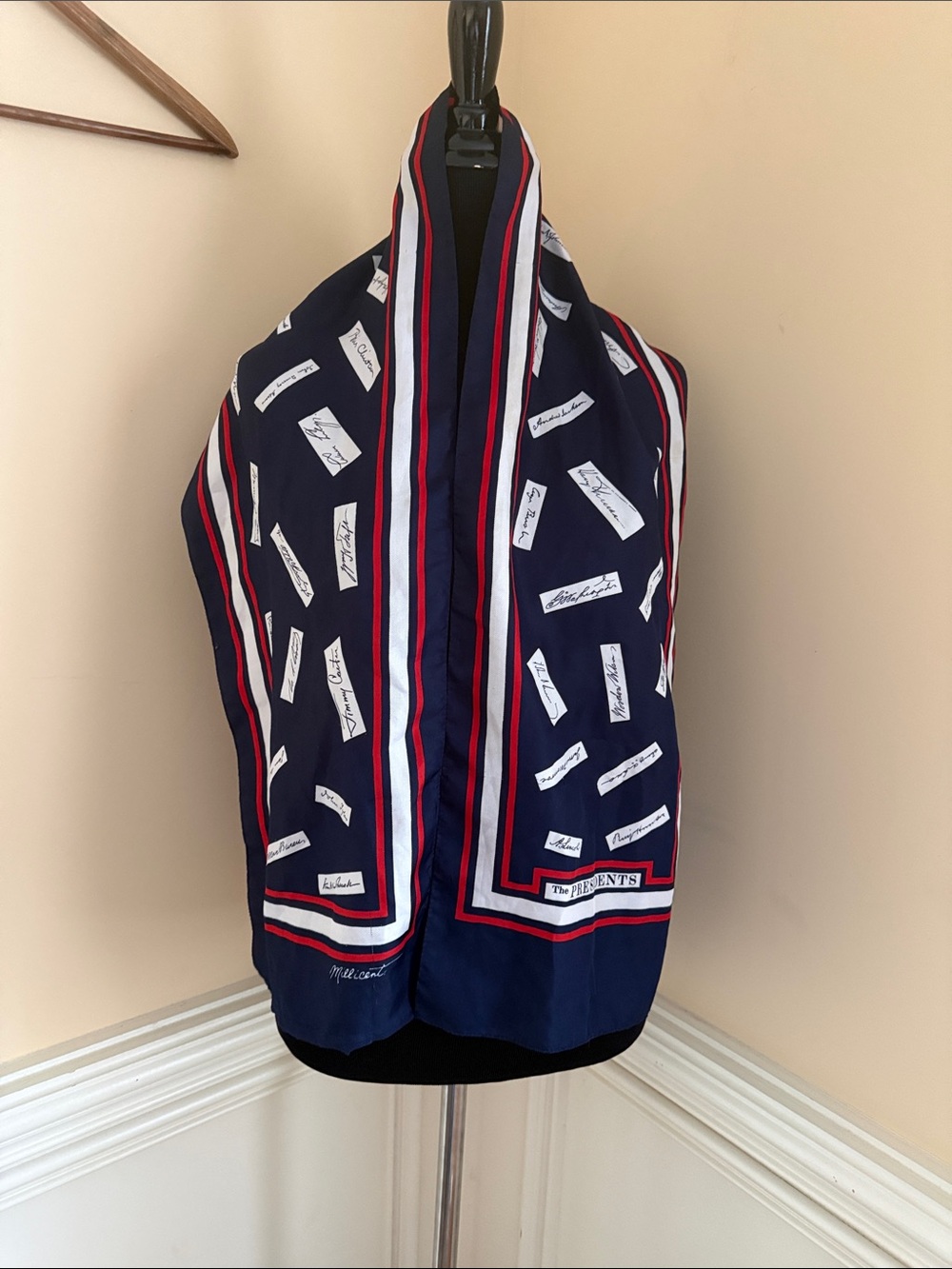 The Presidents Navy Signature Print‎ Border Scarf with Red & White Stripes
